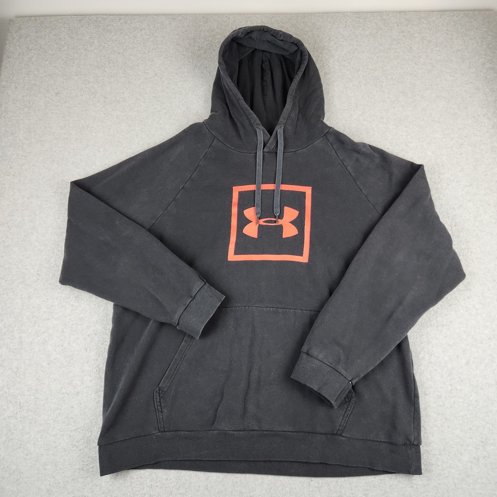 Under Armour Hoodie Mens 2XL Black Orange Box Logo Pullover Rival Fleece Raglan